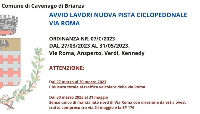 Immagine Avvio lavori nuova pista ciclopedonale via Roma - Ordinanza nr. 07/C/2023