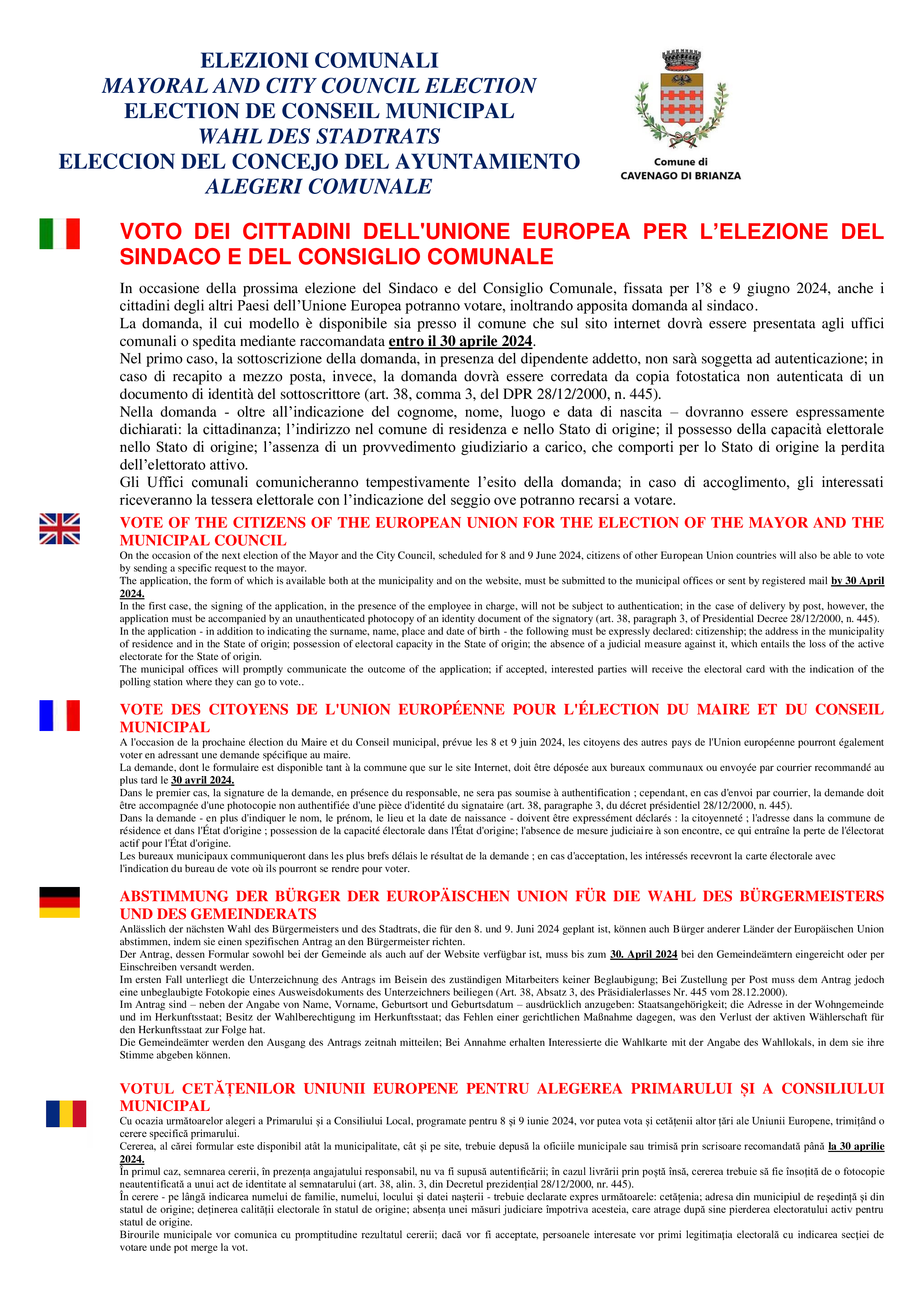 DIRITTO DI VOTO DEI CITTADINI DELL'UNIONE EUROPEA PER LE ELEZIONI COMUNALI 2024
